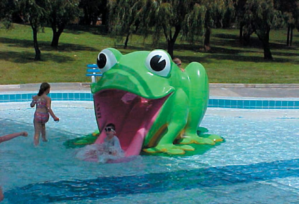 34 Leisure Equipment Frog Slide Friendly and welcoming - the best frog ever made. The Frog Slide is a proven and safe attraction for children and can be placed in the wading pool or on the pool deck.