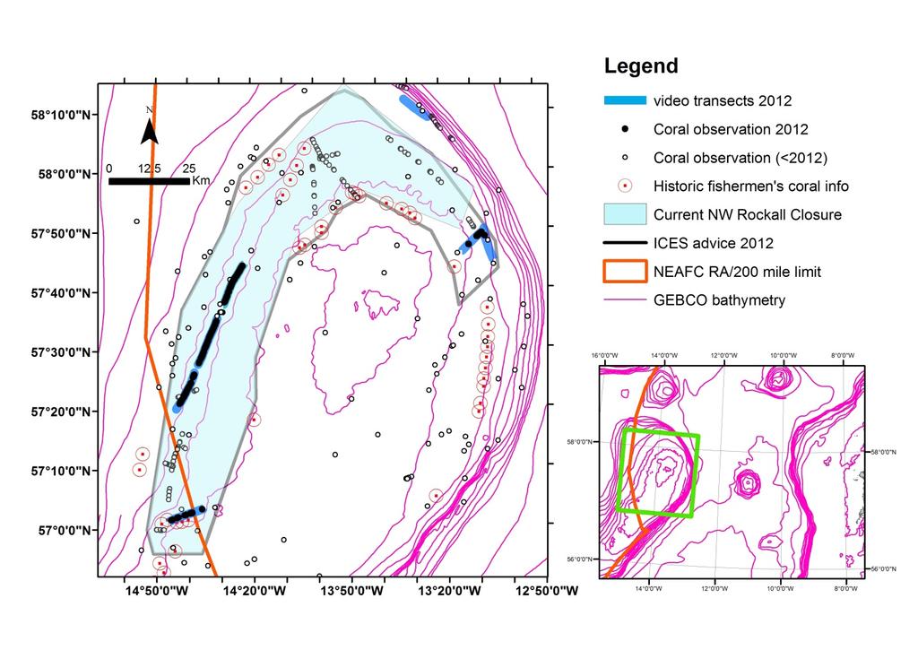 Figure 1.5.1.2.5 Map of Northwest Rockall showing locations of video transects and new findings of VMEs. References ICES. 2013a. Report of the ICES Advisory Committee 2013. ICES Advice, 2013.