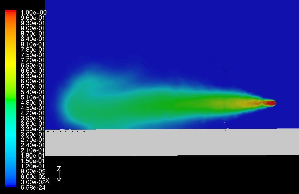 Figure 3. Flammable cloud of Hydrogen (4% molar isocontour).82 seconds after the release for the original Fluent calculation (left image).