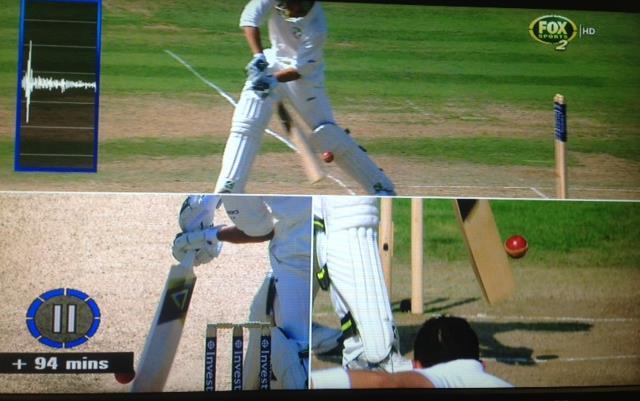 ICC video 14 side on (with 1st Gen angle Front on) Again the ball passes the front edge of the bat, Agar is swinging hard.