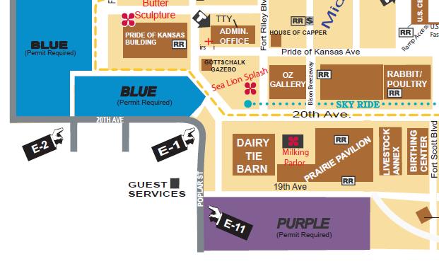 The Kansas State Fairgrounds entrance is located at 2000 Poplar St, accessible from either Poplar or 20th Ave. E-1 The Showroom is to the East of the entrance.