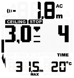 SELECT DOWN MODE UP WHEN CEILING AND STOP ARE DISPLAYED, MAKE A ONE MINUTE MANDATORY SAFETY STOP IN THE DEPTH ZONE BETWEEN 6 M AND 3 M.
