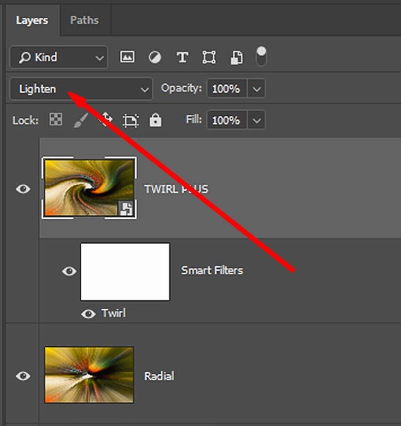 Key Lesson: Because the TWIRL PLUS layer is a smart object, the filters applied to it can be
