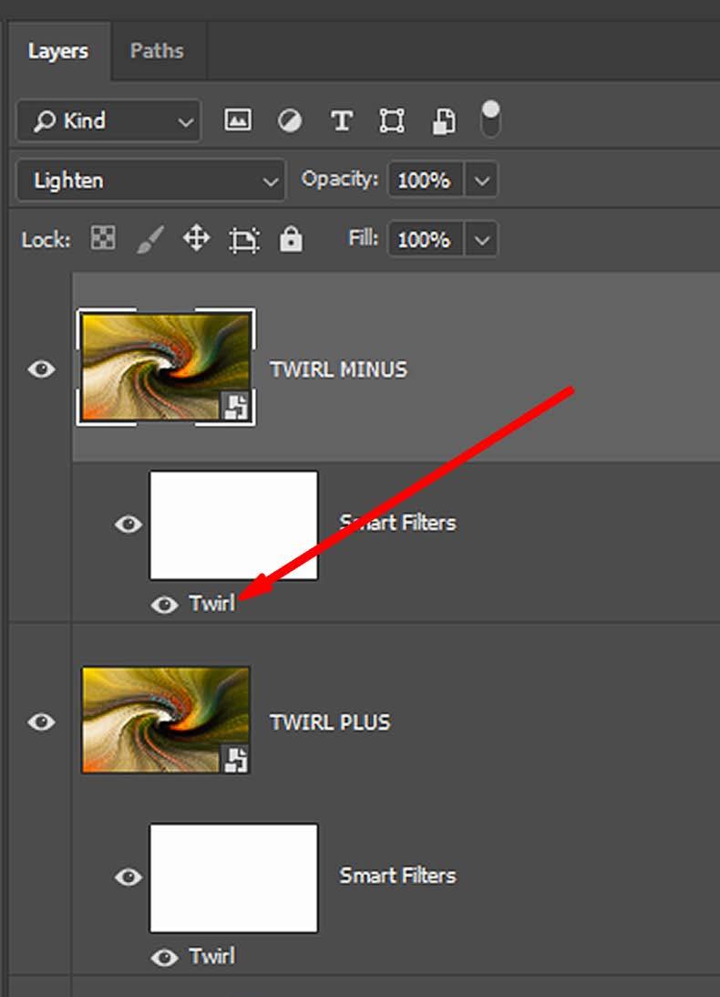 The blending mode must now be changed so that the TWIRL PLUS layer blends with other layers. Click on the box in the layer panel as indicated by the arrow in the image on the left.