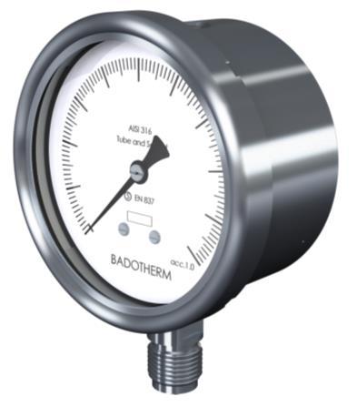BDT20 Safety process pressure gauge 100 & 160mm Product description Badotherm pressure gauge model BDT20 is the solid front, safety pattern gauge according the highest class of the EN 837-