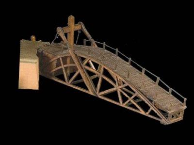 The revolving bridge: It was designed for the Duke Sforza, Leonardo da Vinci s revolving bridge has designed and built to be quickly packed and transported easier for the use of armies to pass over