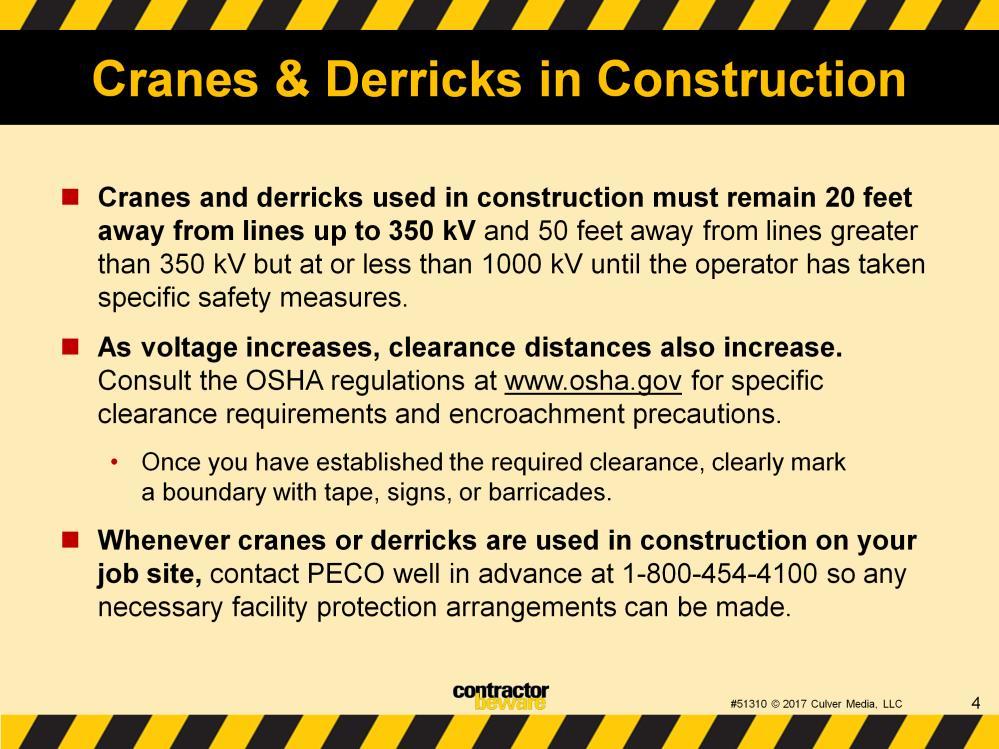 Cranes and derricks used in construction require different clearances than other equipment, due to an OSHA rule effective November 2010.