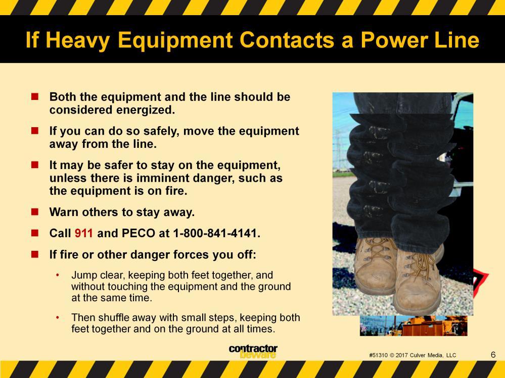 If heavy equipment contacts a power line, it s critical to follow proper safety procedures. Both the equipment and the line should be considered energized.