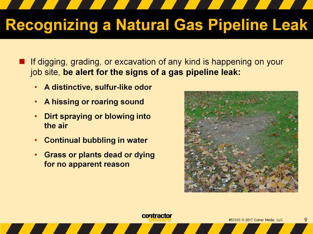 Recognizing a natural gas pipeline leak. It is important to learn the warning signs.