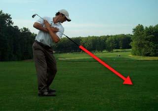 The following is a critical position of the body motion drill. When your shoulders have rotated 90 degrees, the butt end of the club must never extend to a point on, or inside, the target line.