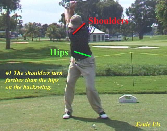 #1 The shoulders turn farther than the hips on the backswing. This principle prepares the body for the downswing by developing tension in the body a critical ingredient to efficient power.