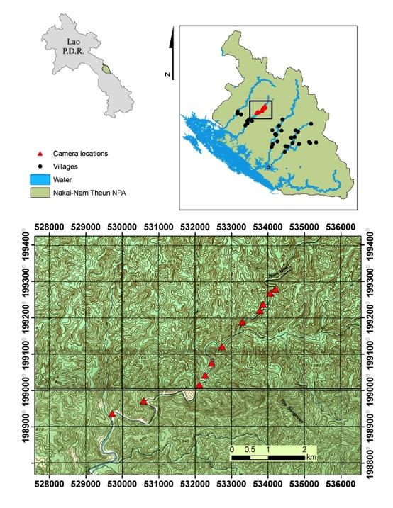 Figure 1: Location of Nakai-Nam Theun National Protected Area and of the survey site: the Nam (=river) Mon, where 11 camera-traps were set in November 2015.