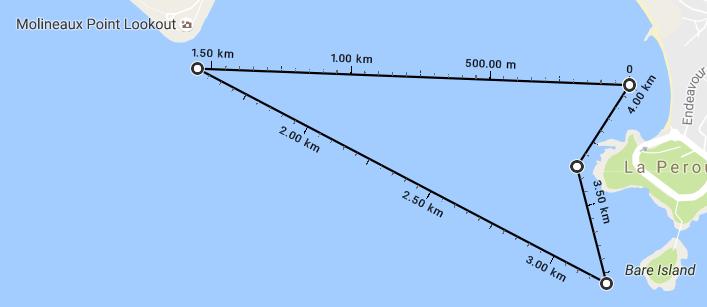 JUNIOR, NOVICE AND ULTRA SHORT ALL DIVISIONS 4KM Complete an ama turn at the turning buoy approximately 150m of Molineaux Point Lookout and head straight across Frenchmans Bay towards Bare Island.