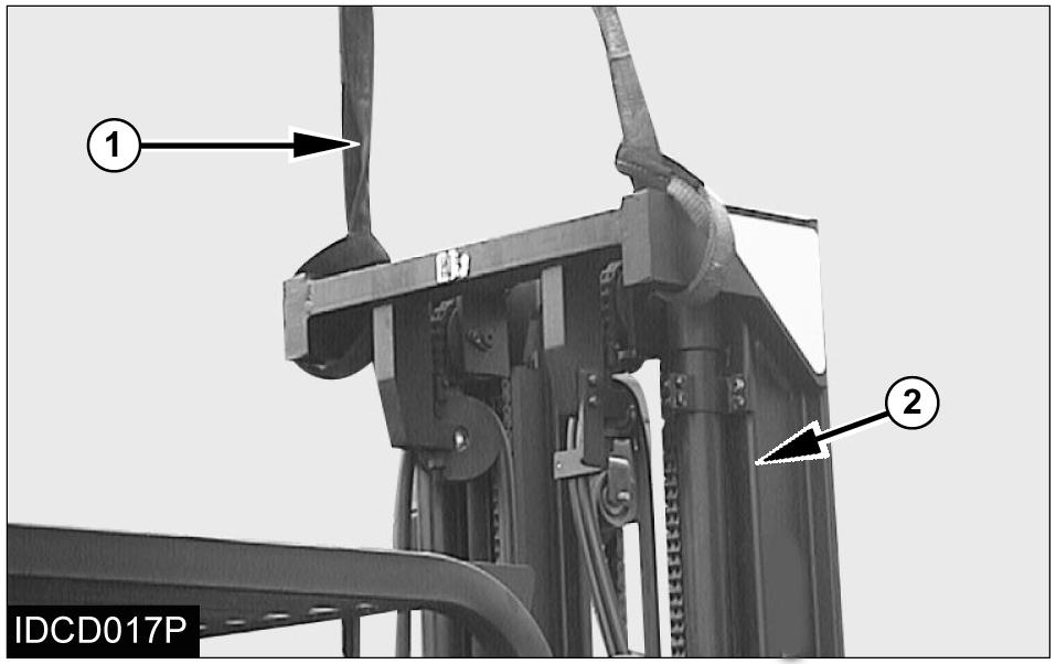 Tilt cylinders(7) can drop when pin(6) is removed.