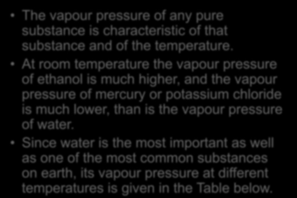 The vapour pressure of any pure substance is characteristic of that substance and of the temperature.