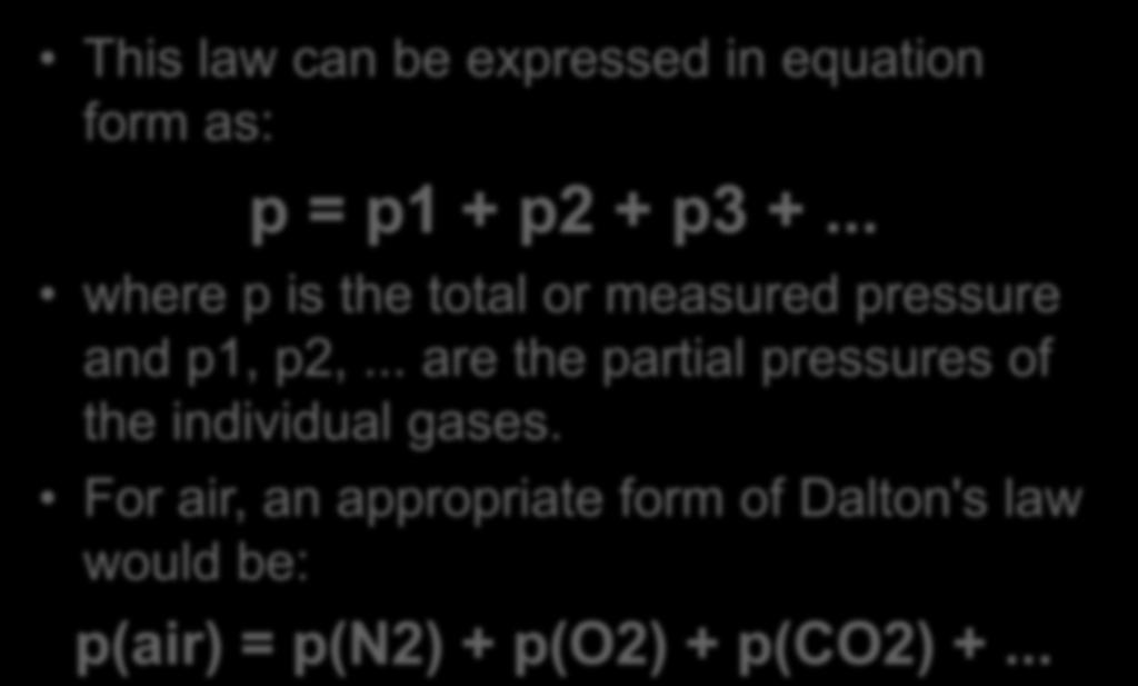 This law can be expressed in equation form as: p = p1 + p2 + p3 +... where p is the total or measured pressure and p1, p2,.