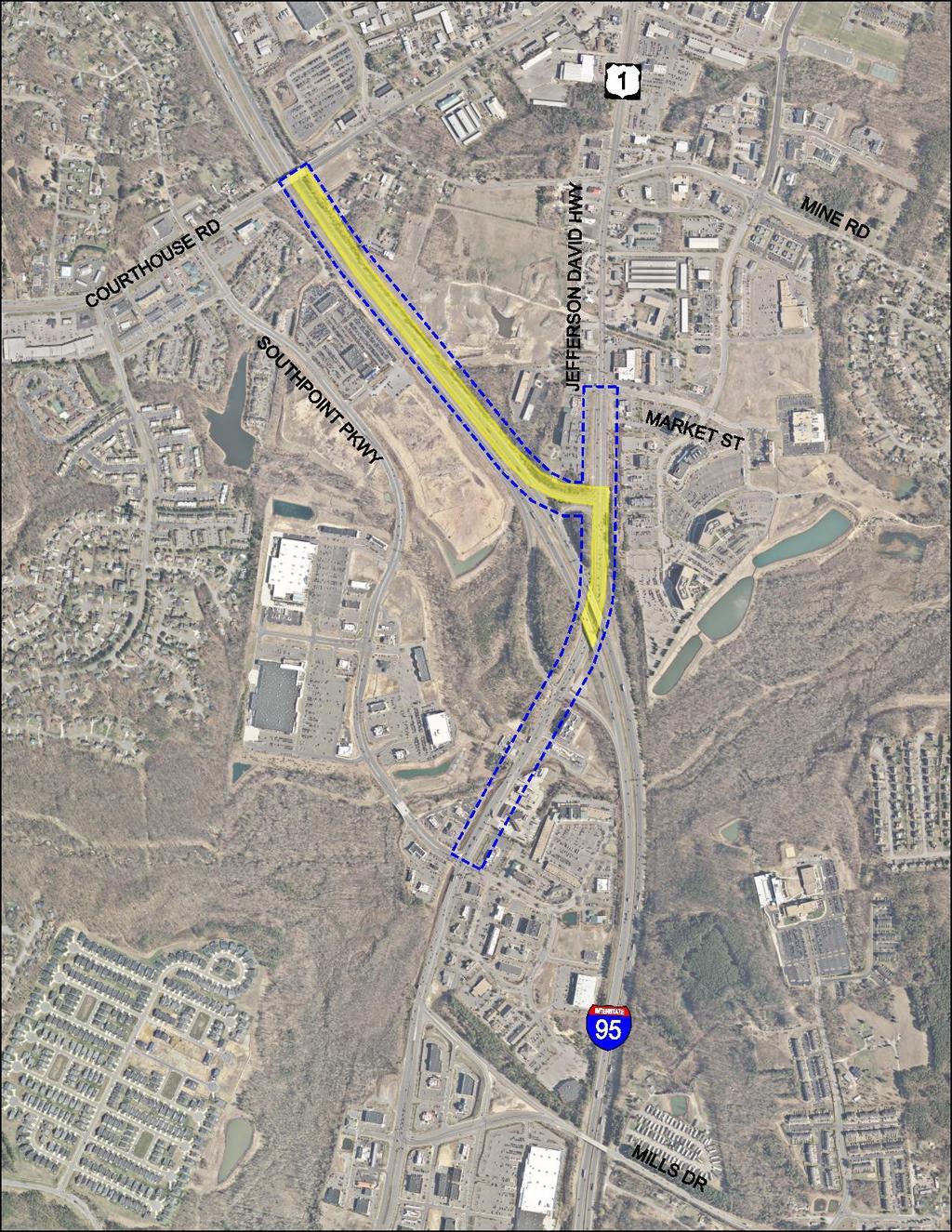 Courthouse Road overpass Design study area: yellow shaded area extends as far north