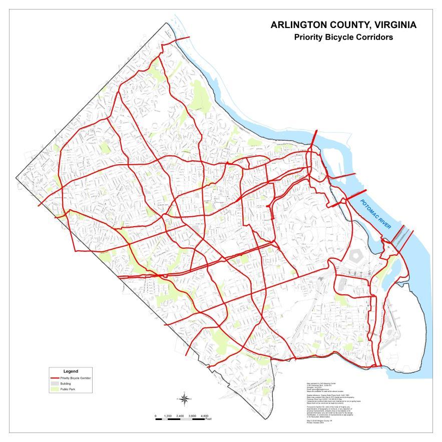 Primary Bicycling Corridors There are seven north-south and six east-west corridors that are most frequently used, or desired for bicycle travel in Arlington Variation in