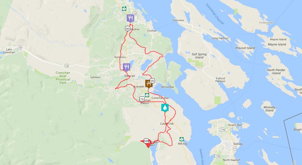 Saturday Route Map AUGUST 11 CENTURY RIDE 100 KM START: CAMP PRINGLE Turn right onto Renfrew Rd (signs for Duncan/Mill Bay) Turn left onto Shawnigan Lake Rd Continue straight onto Cobble Hill Rd Turn