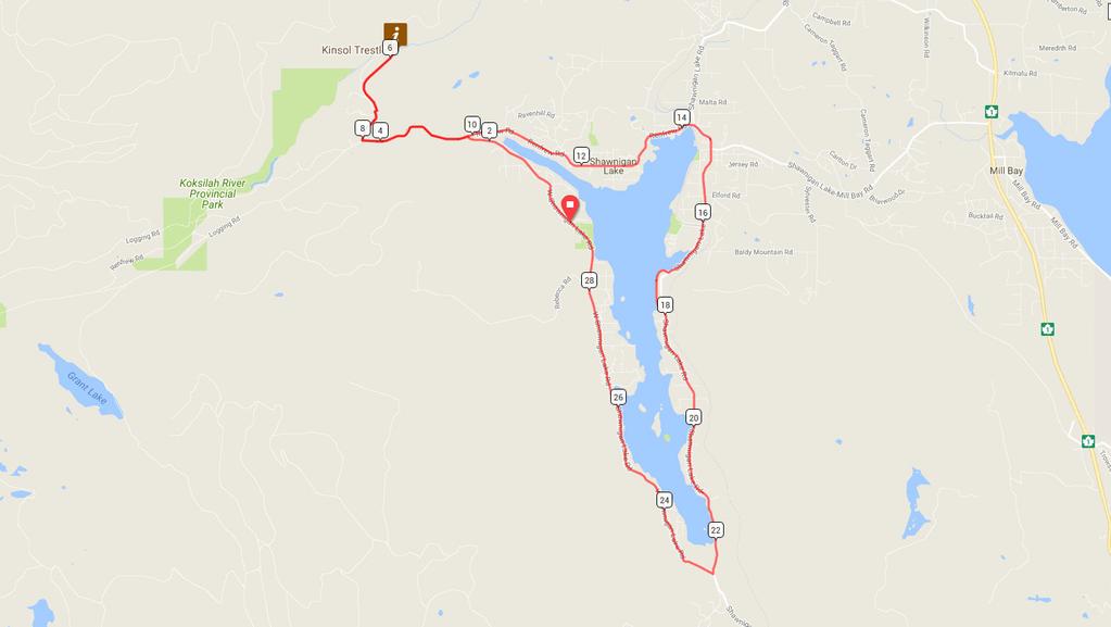 Sunday Route Map AUGUST 12 SHORT ROUTE 27 KM START: CAMP PRINGLE Turn left onto Renfrew Rd Turn right onto Glen Eagles Rd Turn right toward Cowichan Valley Trail Turn left onto Cowichan Valley Trail
