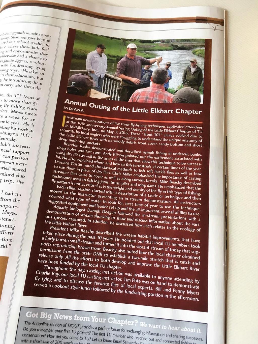 LECTU Recognized in TROUT The Little Elkhart Chapter was recognized by TU National this month in the Spring 2017 edition of the TU magazine TROUT.