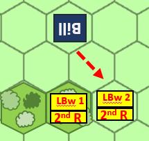 LBw1 can only fire its front rank at half effect as Supporting Fire as it is in the open and supporting a support stand [SS].