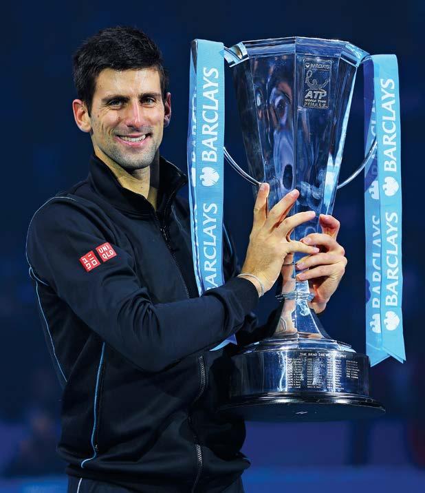 Left: Djokovic at Wimbledon, 2013. Bottom: Djokovic holding the trophy after his men's singles final match against Nadal at the Barclays ATP World Tour Finals in London.