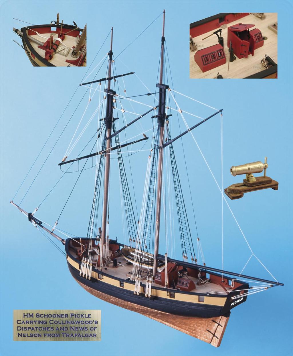 HERITAGE SERIES ~ HM SCHOONER PICKLE Kit includes: Double plank on bulkhead construction in lime and walnut; all decking in high quality Tanganyika strip; 6 x 12pdr turned brass carronades, fully