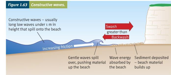 Constructive waves form where fetch is long, small waves, flat and with a long wave length. Low frequency. Wave spills over; resultant swash is stronger than backwash.