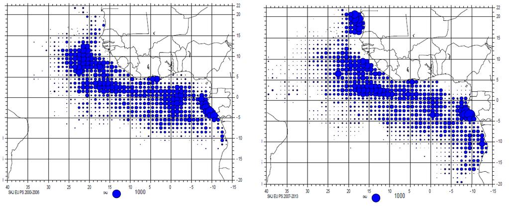 A multi-specific fishery Recent changes in the spatial distribution of the EU PS fishery 2000-2006 SKJ catches by EU PS 2007-2013 SKJ catches by EU PS Latitudinal expansion and westward extension of