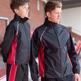 Adult & Kids Uni-Sex Showerproof training jacket Artwork same as hoodie Full zip funnel neck. Elasticated drawcord on hem with toggle detail. Elasticated cuffs. Panelled with piping.