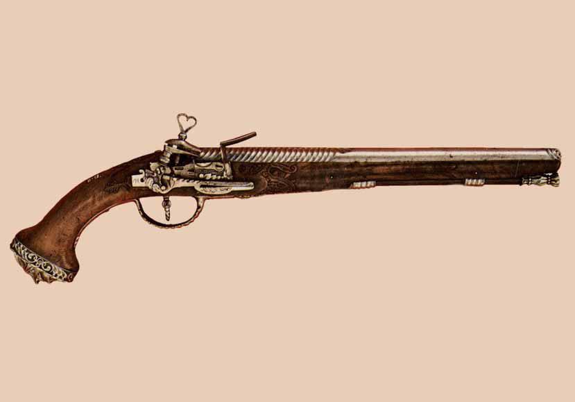 Ca. 1650: Catalan Snaphance Pistol The Spanish presentation pistol has a Catalan