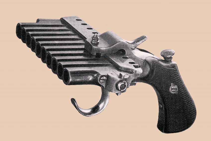 Ca. 1873: Harmonica Pistol, A. E. Jarre This bulky percussion pistol has 10 laterally arranged barrels.