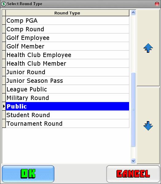 Tee Sheet Operation 5 -HIGHLIGHT the desired Round Type -SELECT the 'Ok' button If no round type is selected, the golfers will be set to whatever the default round type is.