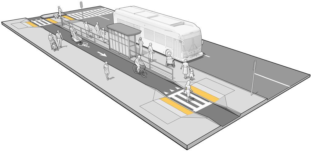 EXHIBIT 5J: FLOATING BUS STOP (INTERSECTION) 4 5 6 5 6 FLOATING BUS STOP (INTERSECTION) EXHIBIT 5J shows a street level separated bike lane alongside a far-side floating bus stop.