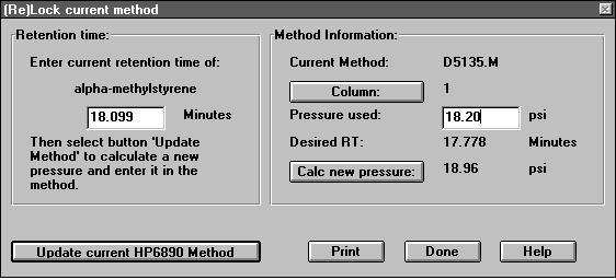 Enter the actual retention time of the target compound into the (Re)Lock current method dialog box (see figure 3). 3. Update the 6890 method with the new calculated pressure, and save the method. 4.
