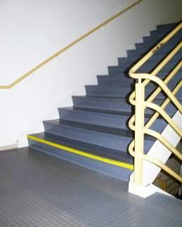 Step edges are highlighted for better visibility to prevent a misstep and fall down the stairs.