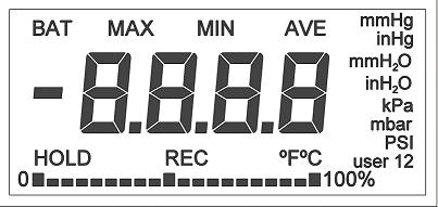 LCD Display The LCD displays the: Current Functional Mode with icons. Pressure or Temperature measurement with large digits. Pressure measurement with a bar graph.