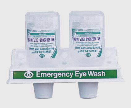 E410 Double Eyewash Station Wall mounted economy Eyewash Station. Contains 2 x 500ml Sterile Saline Eyewash Bottles and self-adhesive instruction notice.