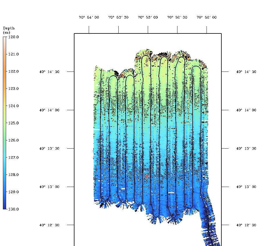Figure 3-1 Example of small scale multibeam bathymetry survey. This survey was conducted in the Pioneer Array region during the Pioneer 2 cruise, covering about 1.5 x 1.5 nm.