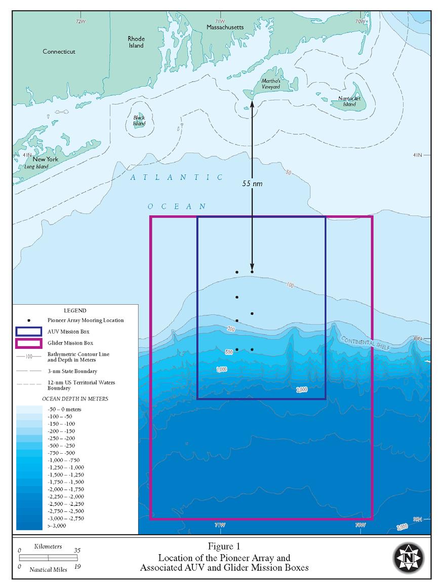 Figure 2-1 Map of the Pioneer Array region over the southern New England continental shelf and slope.