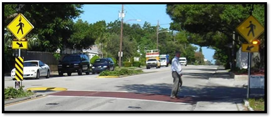 pedestrian crossings by increasing driver awareness of potential pedestrian conflicts.