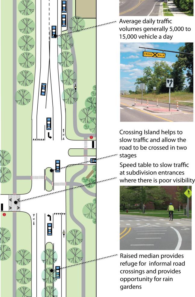 The roadway will have design elements such as frequent mid-block crossings,