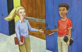 In the hall, Tammy bumped into a tall boy. Books spilled out of her arms. Sorry!