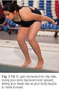 Lift your back leg until it is in a straight line with the rest of your body. Keep your forward leg as straight as possible as you lean forward. 6. Bring your legs together as you enter the water. 7.