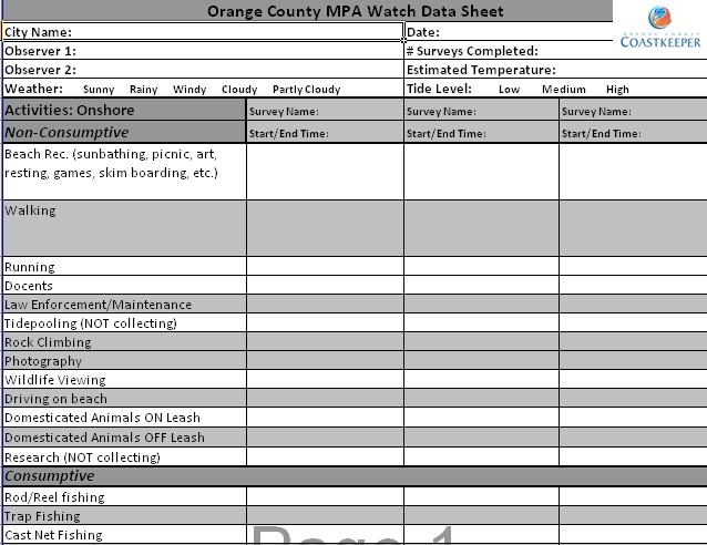 Image 1: Example of datasheet. Each survey segment is selected within an MPA at strategic locations. Survey segments vary in size; but all surveys are one half hour in length.