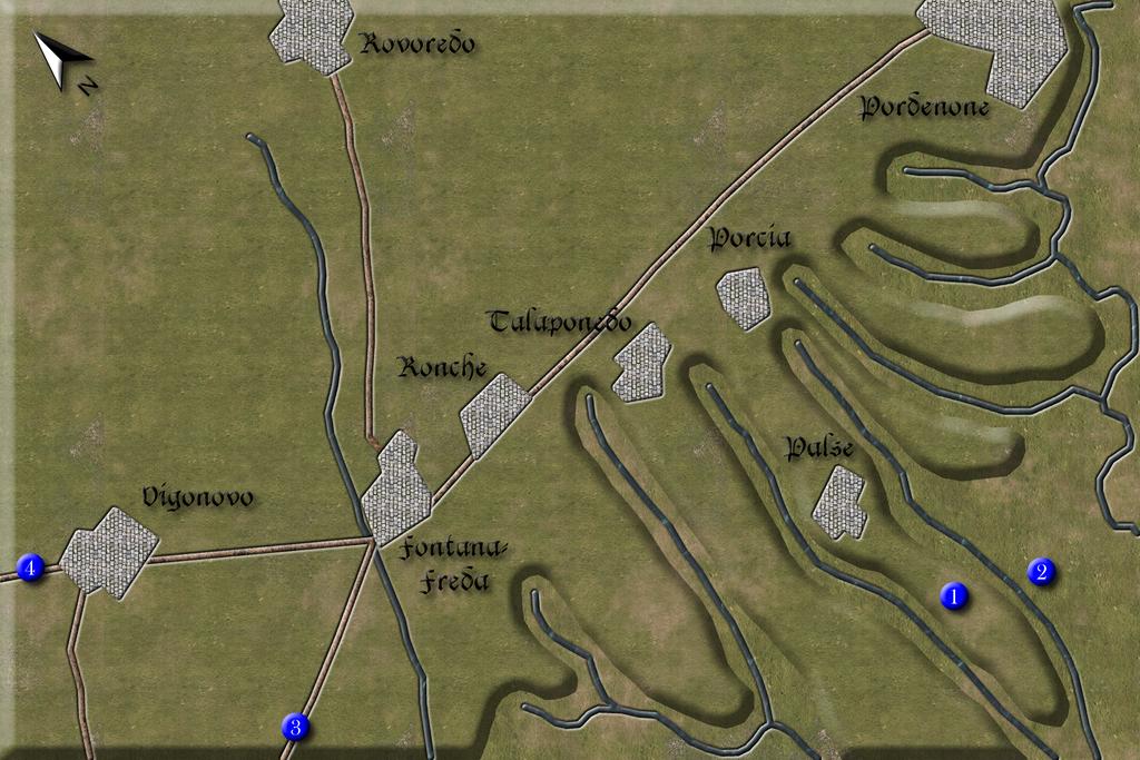 Scenario Map (6ft x 4ft): Pordenone is a town. It is 2BW x 2BW in size, and can be garrisoned. Vigonovo, Fontana-Freda, Ronche, Talaponedo, Porcia, Palse, & Rovoredo are villages.