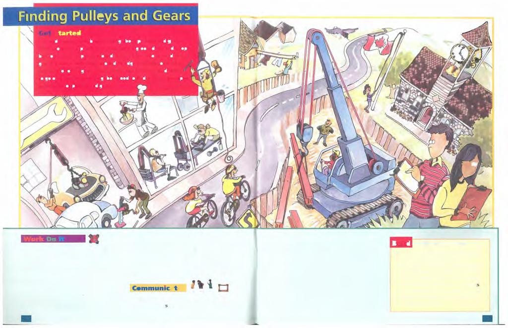 1. In a small group, list all the examples of pulleys and gears that you see in the illustration. How are structures used to support the pulleys? 2. Look at the examples of pulleys you recorded.