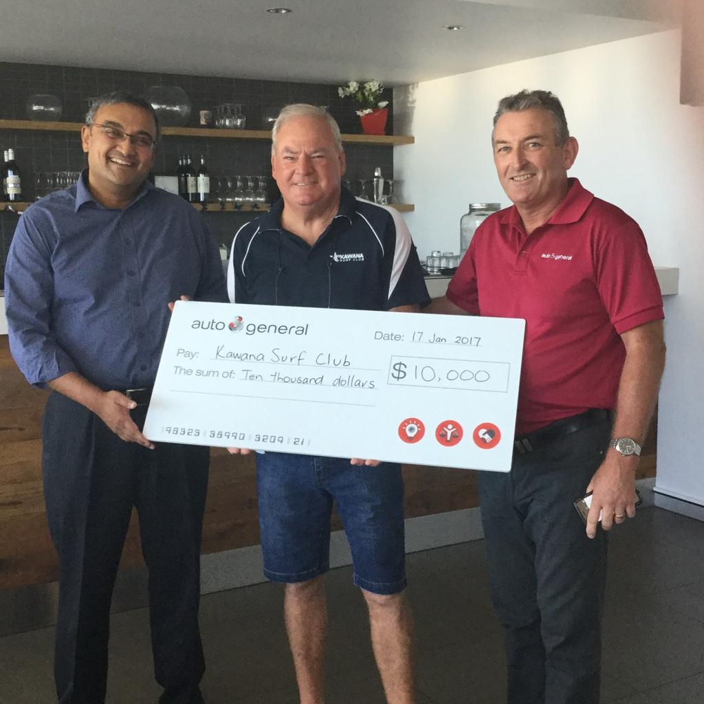 Kawana Waters Surf Life Saving Club Sponsorship Picture of Bob doing presentation to Budget Direct after Presentation CEO Ram Kangatharan presented Bob with a cheque for $10000 along with announcing