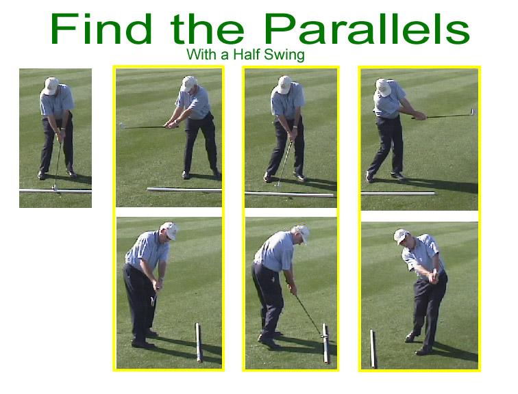 Finding the Parallels makes keeping the club shaft ON PLANE much easier. The golf shaft is parallel to the target line half way back and half way through.